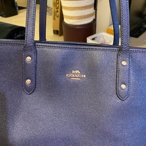 Coach zip top tote shoulder handbag dark blue
